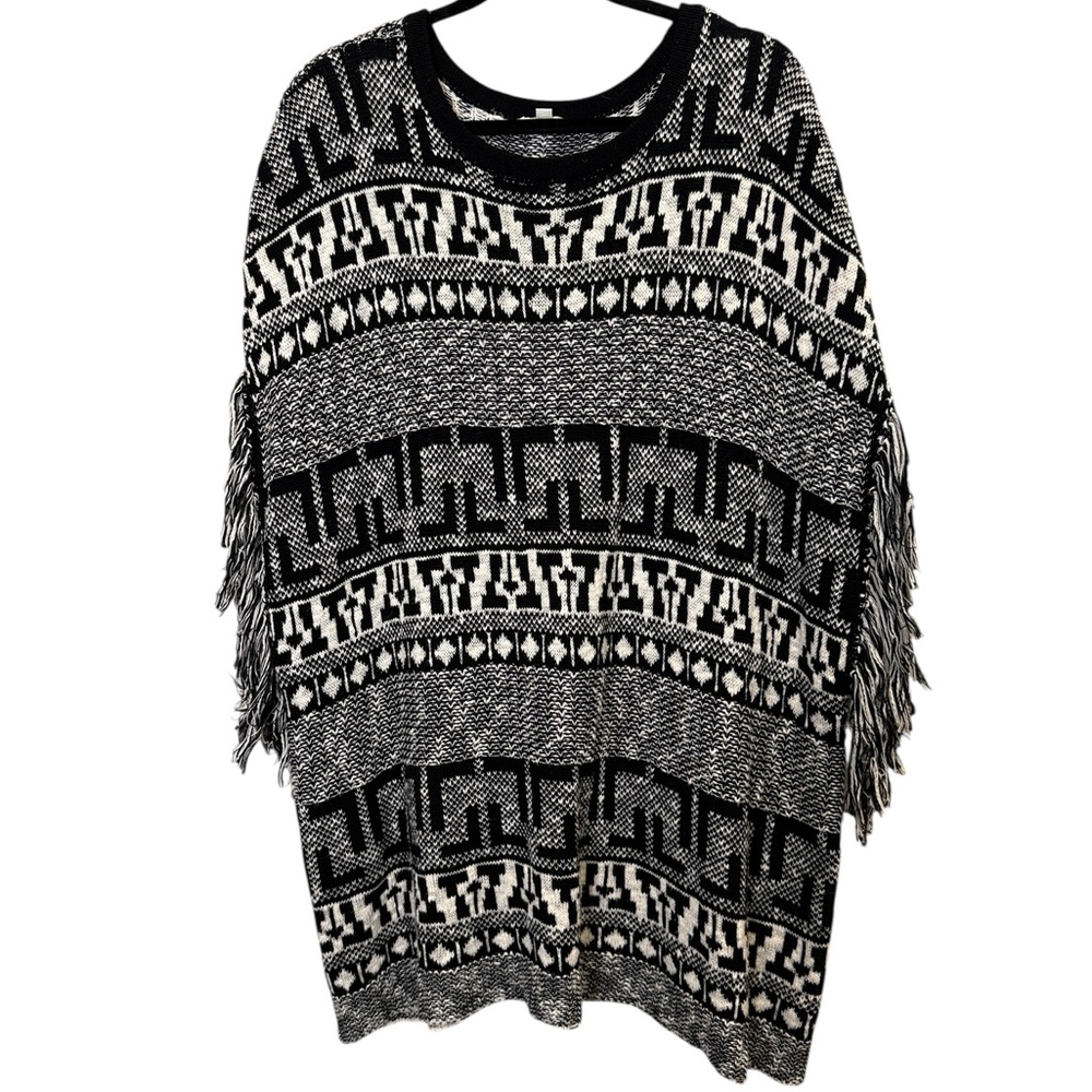 Gianni Bini Black White Cotton Aztec Southwest Fringe Poncho Sweater Vest sz S